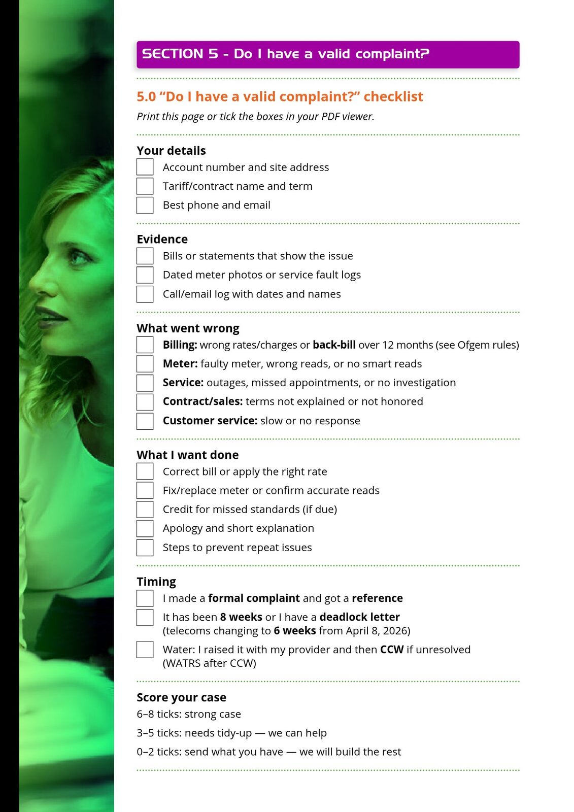 Utility complaint guide checklist