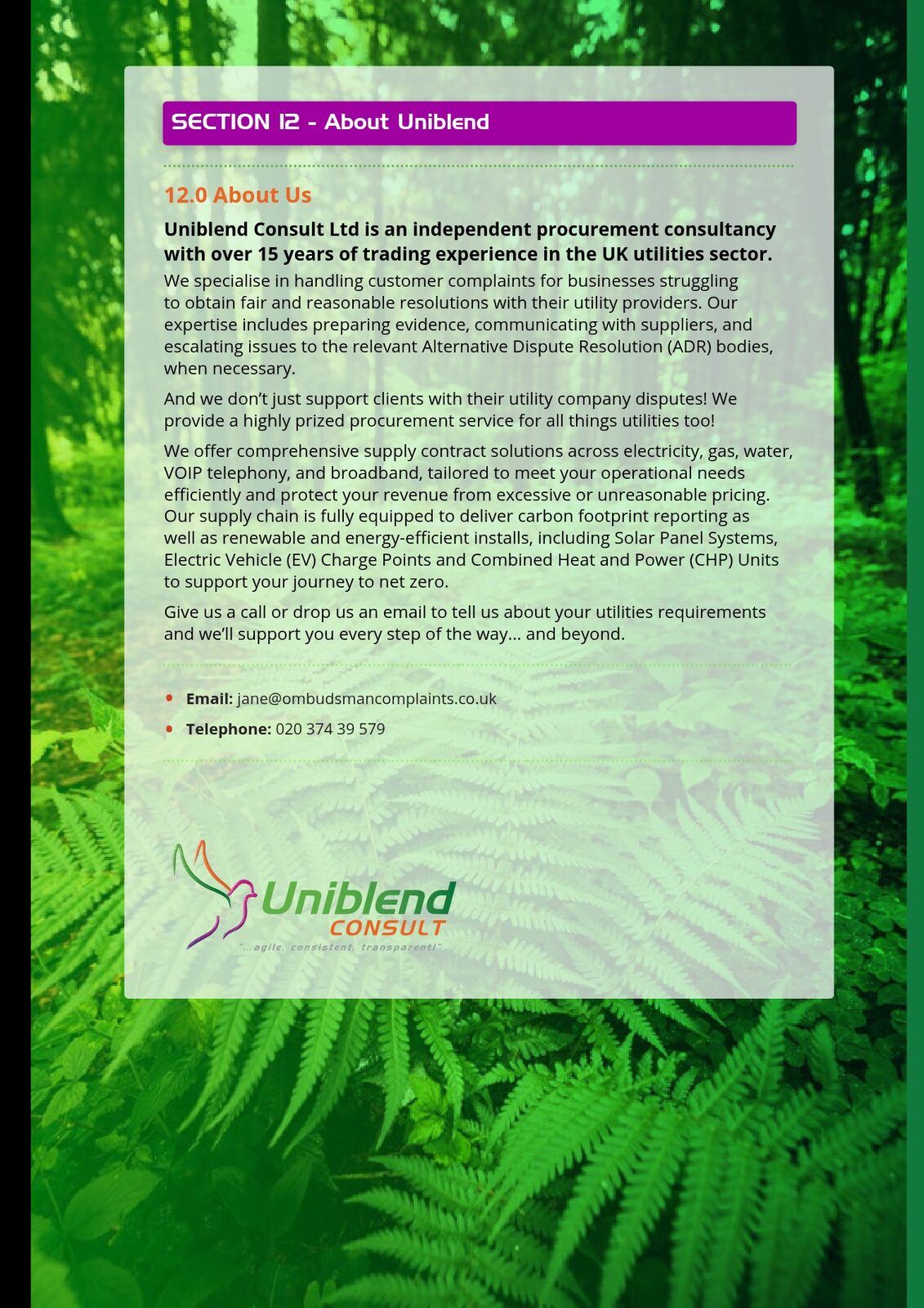 Utility complaint guide about Uniblend page