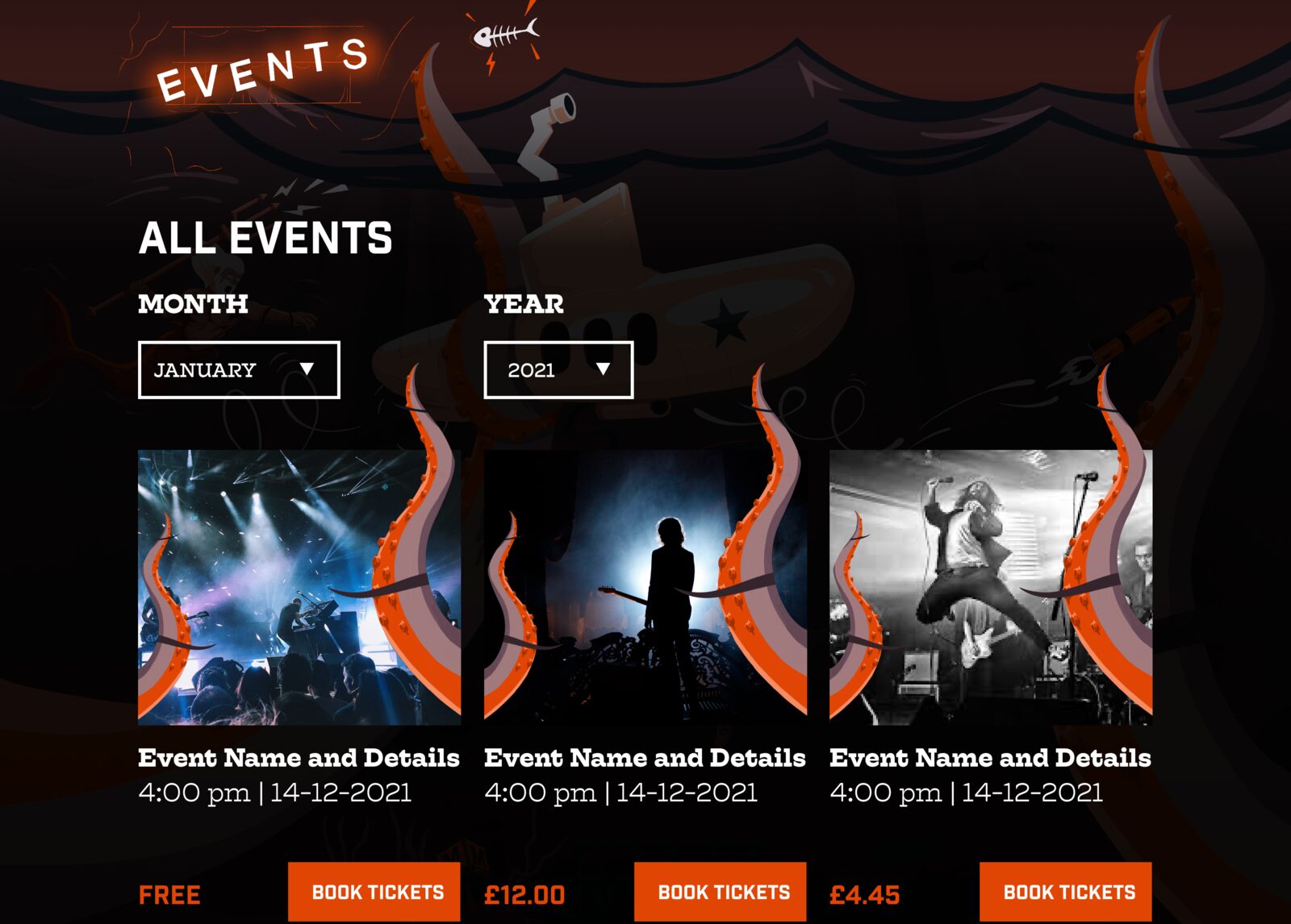 Events listing page design with illustrated background and ticket buttons