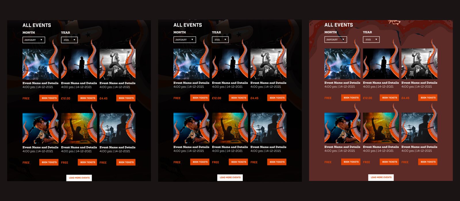 Three versions of the events page, each with a different background