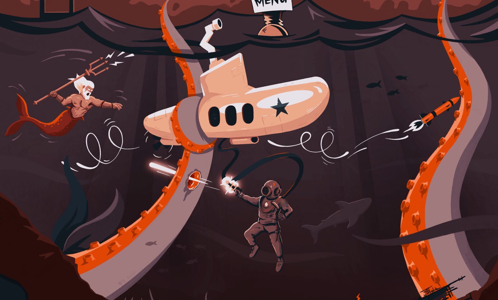 Underwater layer of the illustrated homepage with submarine and diver
