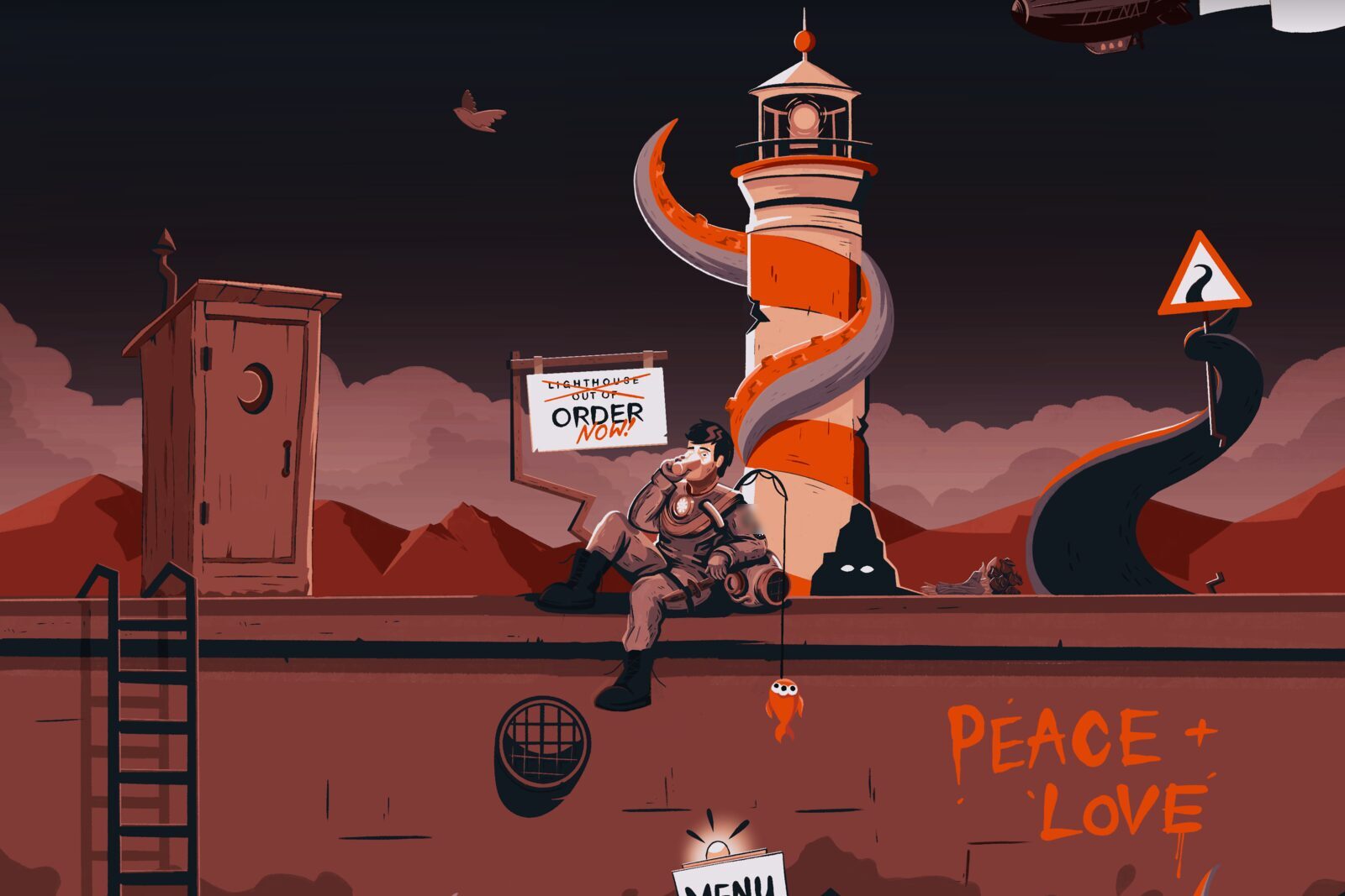 Top layer of the illustrated hospitality homepage with lighthouse and order sign