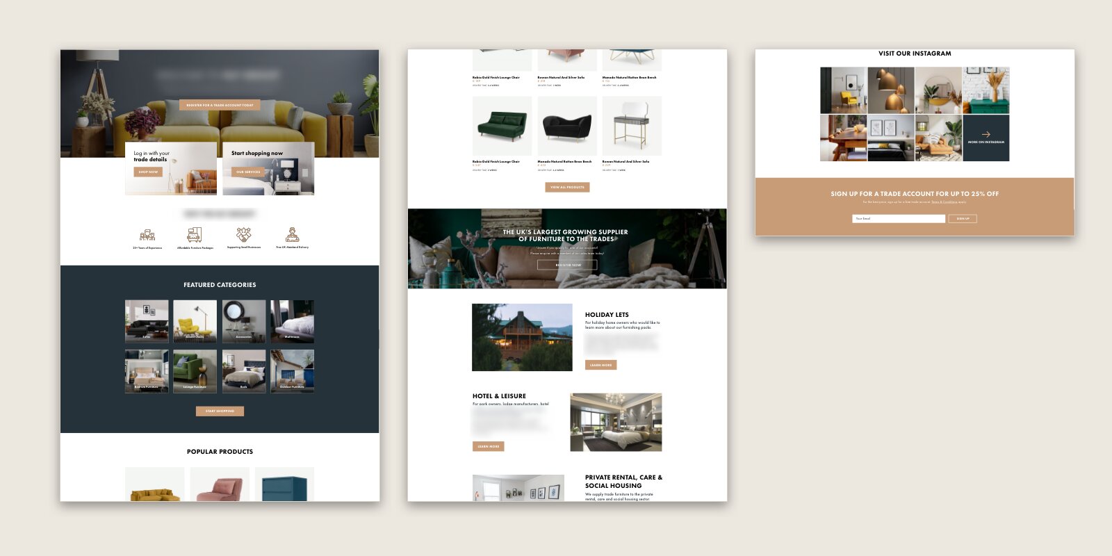 Trade furniture shop homepage design sections