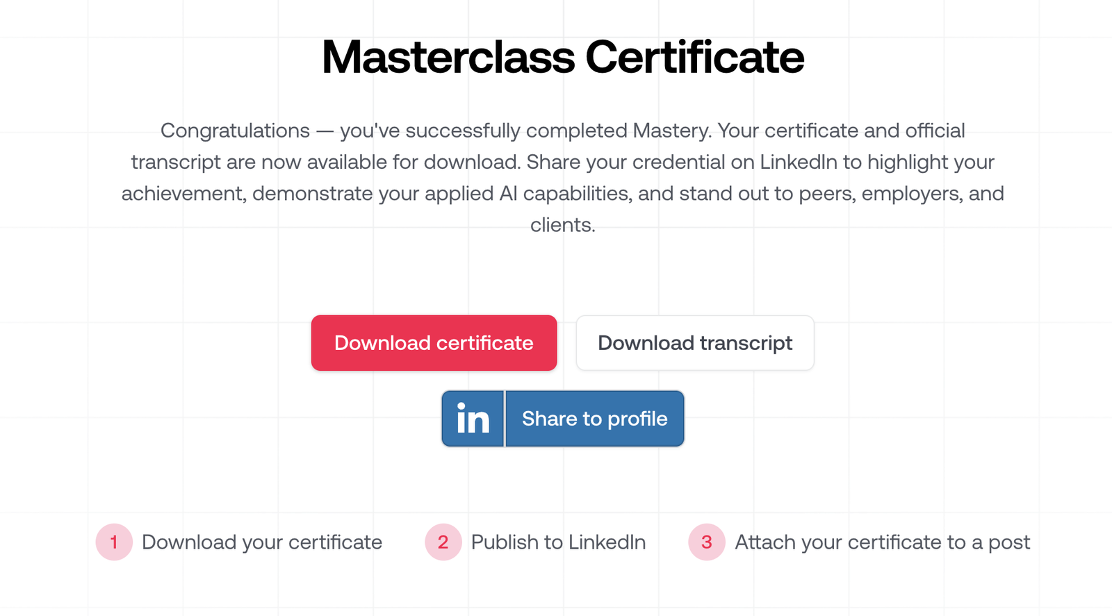 The Masterclass certificate, ready to download and share on LinkedIn